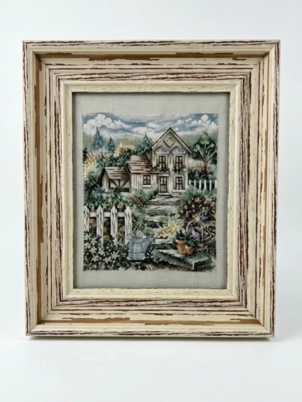Finished Counted Cross Stitch Framed Under Glass - Vintage Cottage 14"x12"